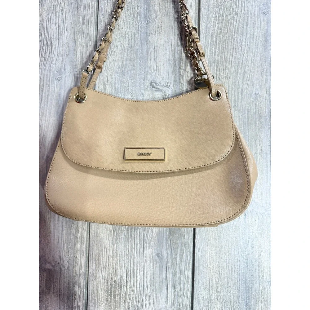 DKNY Beige Saffiano Leather Shoulder Bag Gold Chain Flap Crossbody Tan Handbag